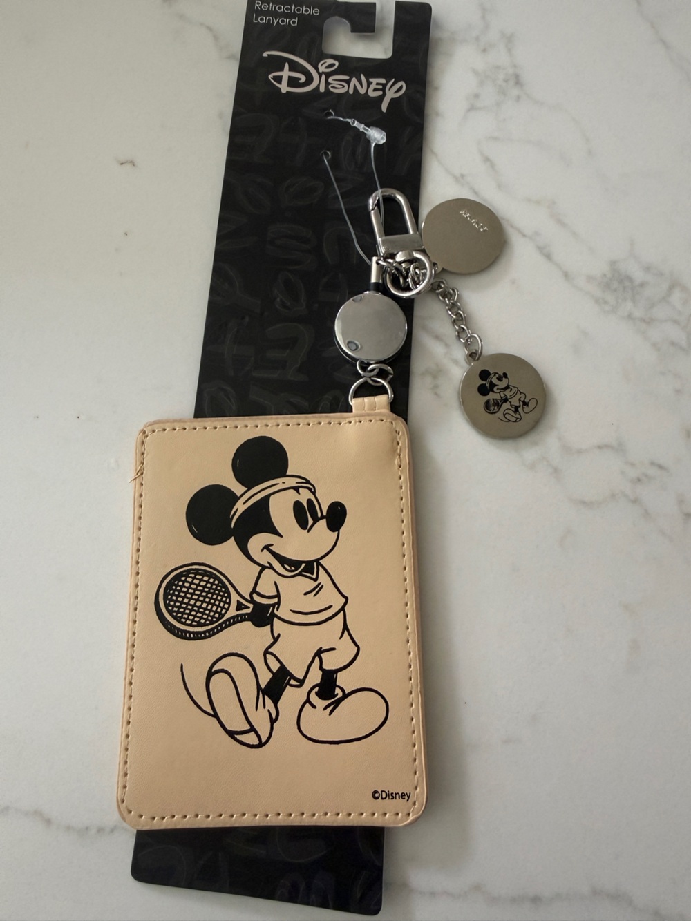 Disney Beige Mickey Tennis Card Holder Keychain with Silver Charms